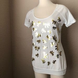 NEW Gold Foil Polka Dot Bow Print White Blouse